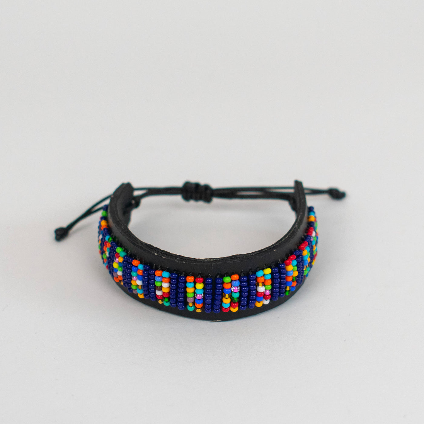 Beaded Leather Bracelet in Red, Yellow, and Blue