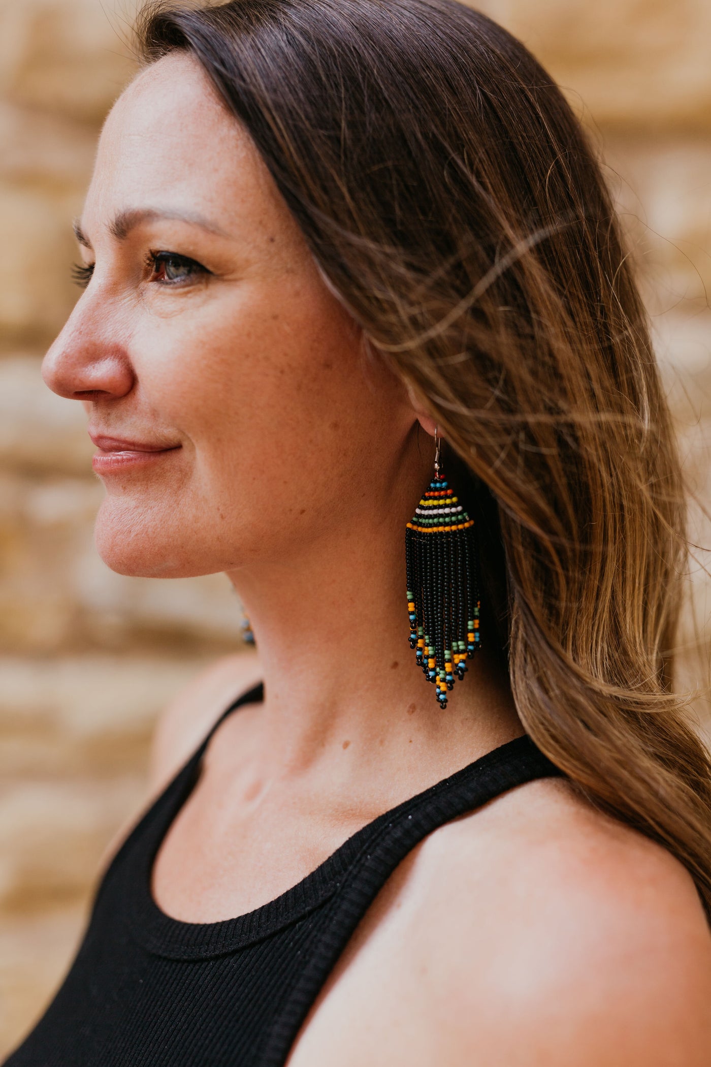 Beaded Fringe Earrings in Black